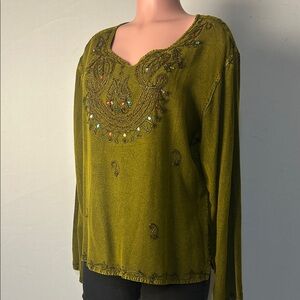Sacred Threads Embroidered Tunic Top Beaded Long Sleeve Size XL